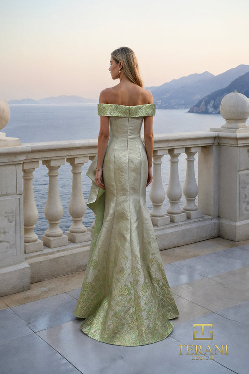 Terani Couture 261M6451 Elegant Off-Shoulder Sweetheart Sheath Evening Jacquard Dress