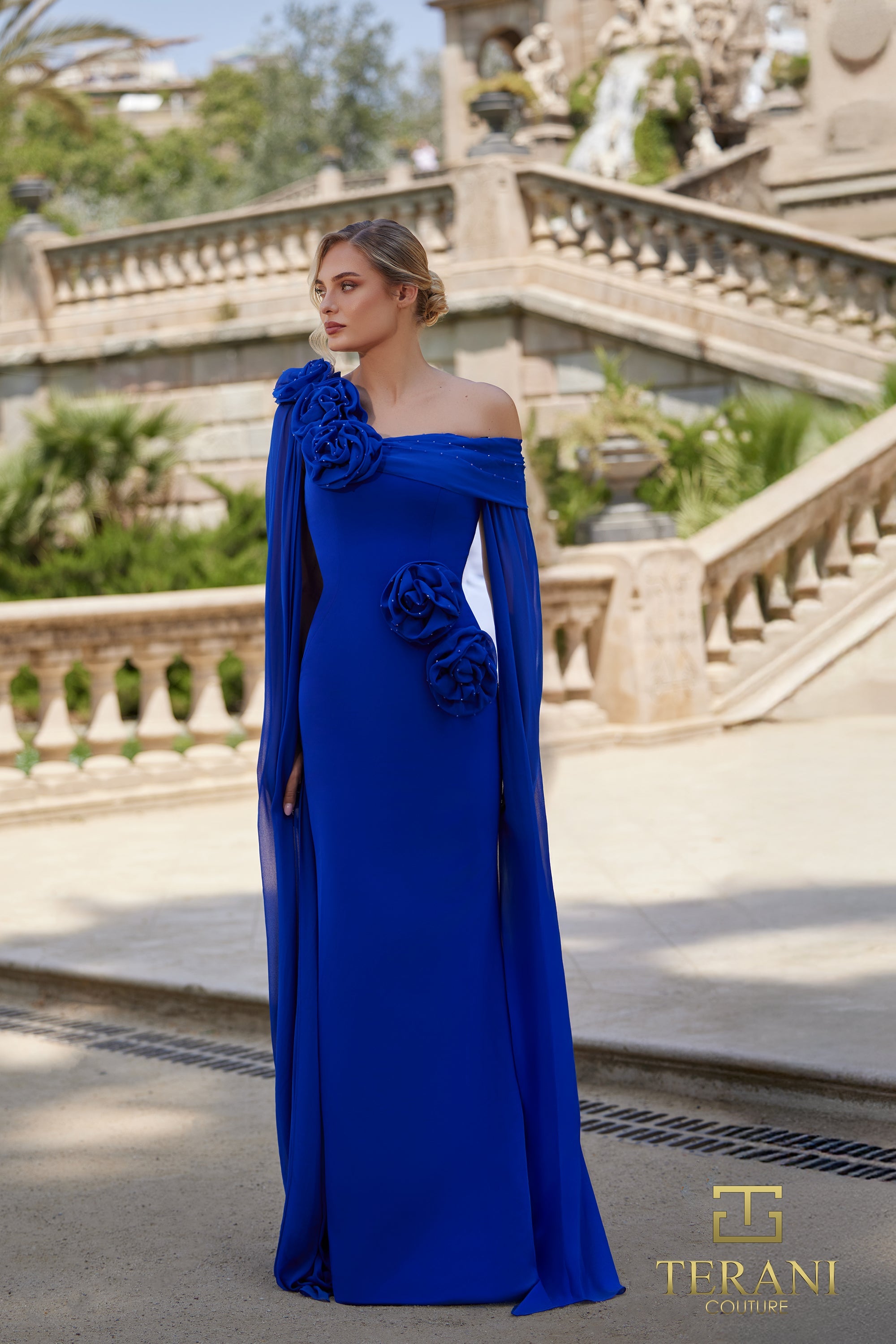 Sophisticated Elegant Evening Column Cape Formal Beaded Dress 261M6474 by Terani Couture Sophisticated Elegant Evening Column Cape Formal Beaded Dress 261M6474 by Terani Couture