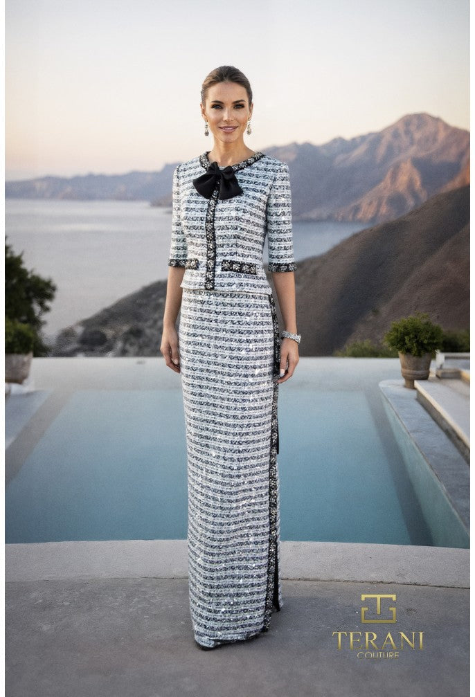 Terani Couture 261M6477 Evening Column Jacketed Two-Piece Sequined Formal Tweed Dress