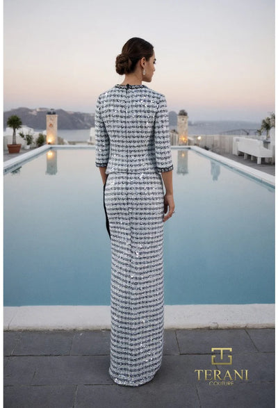 Terani Couture 261M6477 Evening Column Jacketed Two-Piece Sequined Formal Tweed Dress