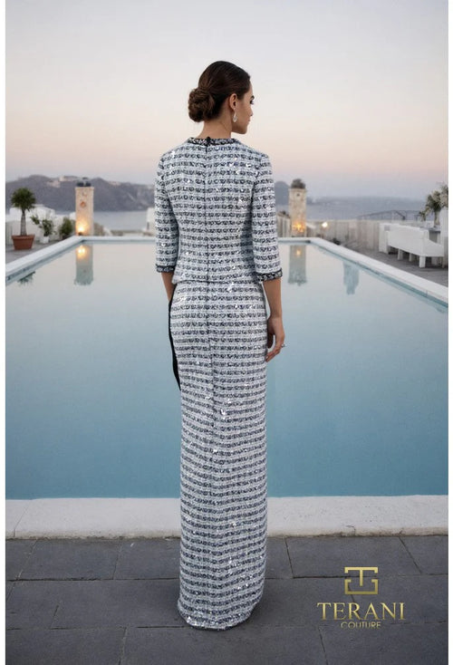 Terani Couture 261M6477 Evening Column Jacketed Two-Piece Sequined Formal Tweed Dress
