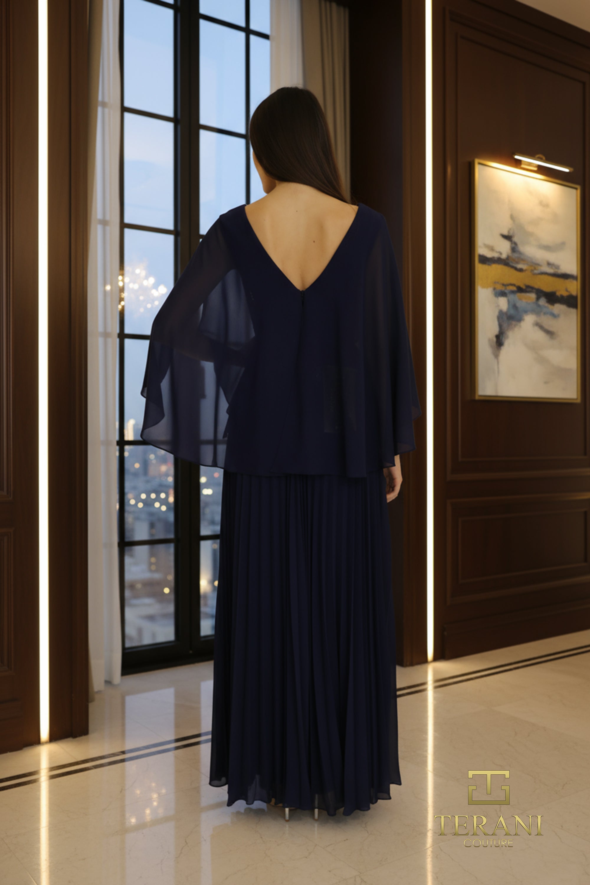 Terani Couture 261M6681 Elegant Evening A-Line Cape Pleated Long Formal Chiffon Dress