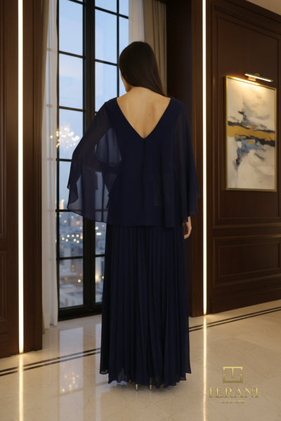 Terani Couture 261M6681 Elegant Evening A-Line Cape Pleated Long Formal Chiffon Dress