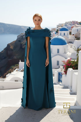 Terani Couture 261M6687 Elegant Bateau Sheath Cape Floral Applique Formal Crepe Dress