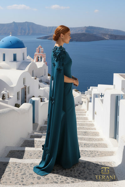 Terani Couture 261M6687 Elegant Bateau Sheath Cape Floral Applique Formal Crepe Dress