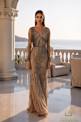 Terani Couture 261M6727 Glamorous V-Neck Sheath Long Sleeve Formal Beaded Tulle Dress