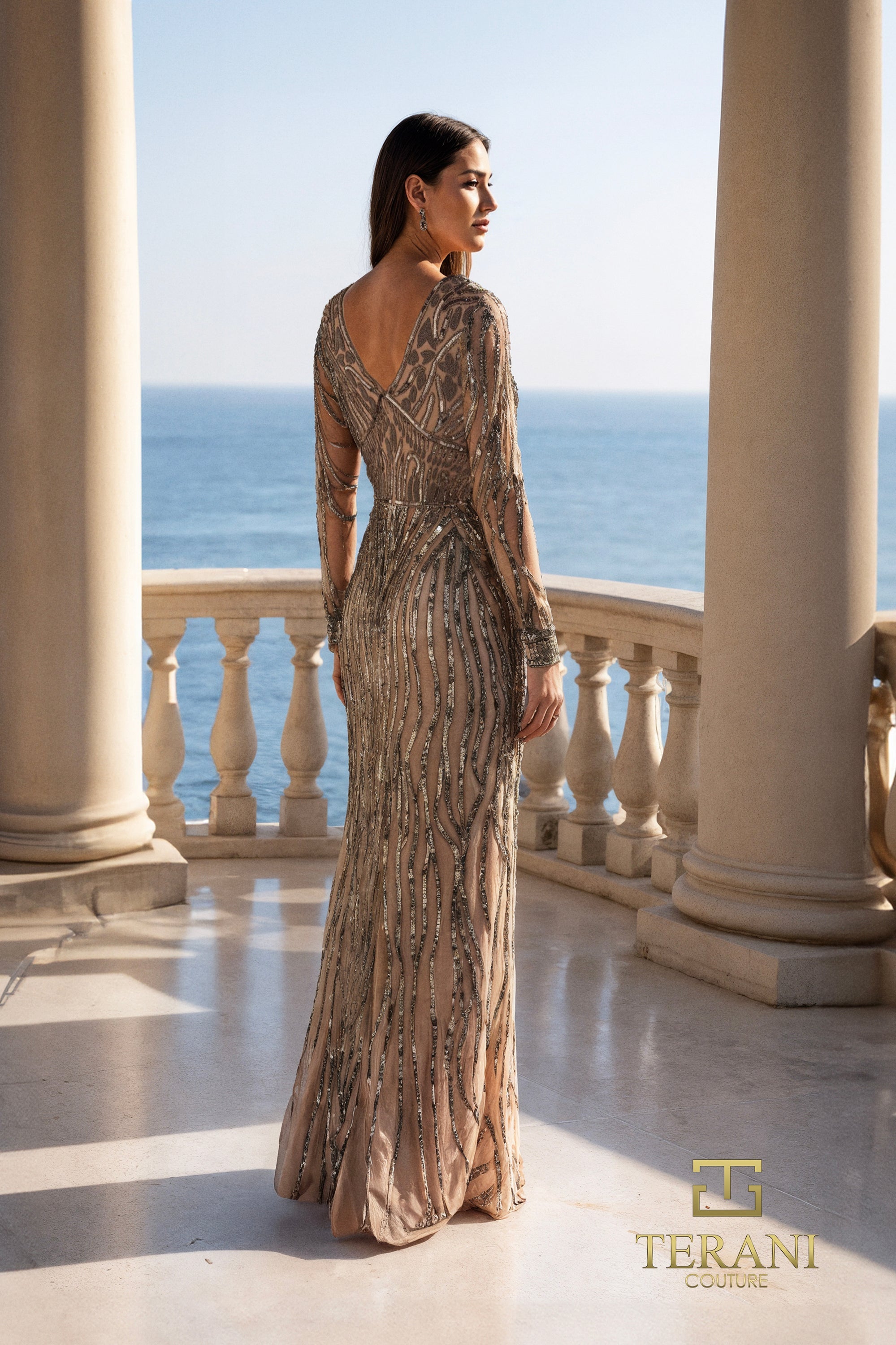 Terani Couture 261M6727 Glamorous V-Neck Sheath Long Sleeve Formal Beaded Tulle Dress