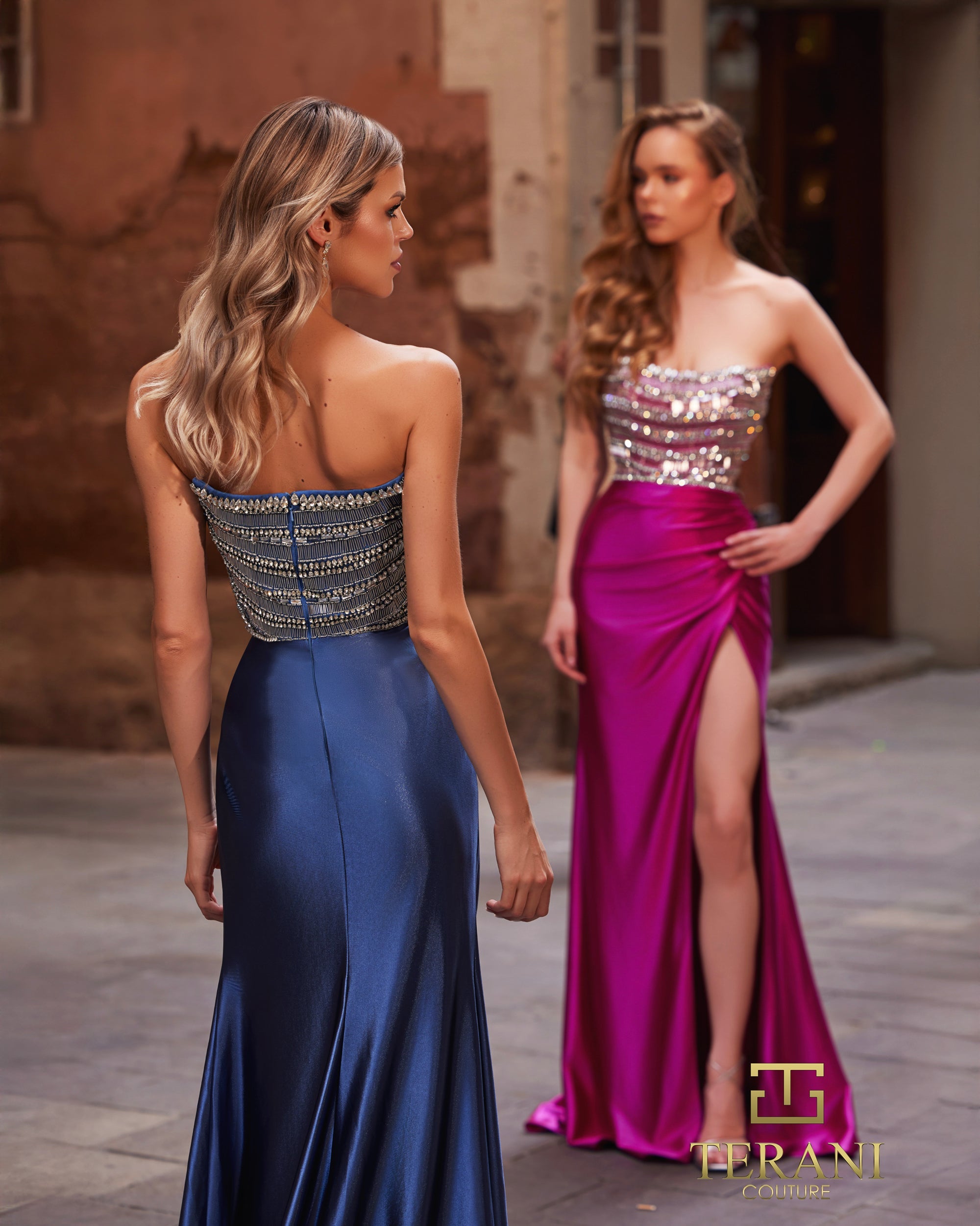 Terani Couture 261P6014 - Beaded Corset Satin Prom Dress In Blue, and Pink