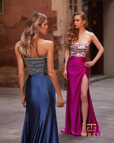 Terani Couture 261P6014 - Beaded Corset Satin Prom Dress In Blue, and Pink
