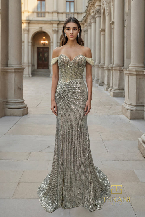 Terani Couture 261P6106 - Sweetheart Off Shoulder Beaded Gown In Silver