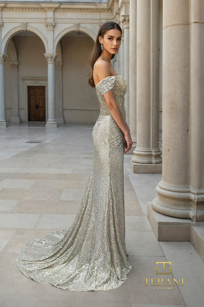 Terani Couture 261P6106 Glamorous Off-Shoulder Sheath Slit Formal Beaded Tulle Dress