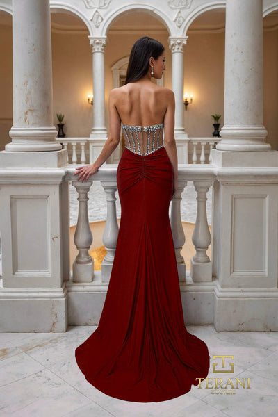 Terani Couture 261P6115 Sophisticated Evening Beaded Corset Slit Formal Jersey Dress