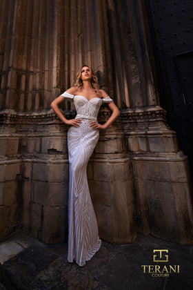 Terani Couture 261P6161 Elegant Evening Off-Shoulder Sheath Long Formal Organza Dress