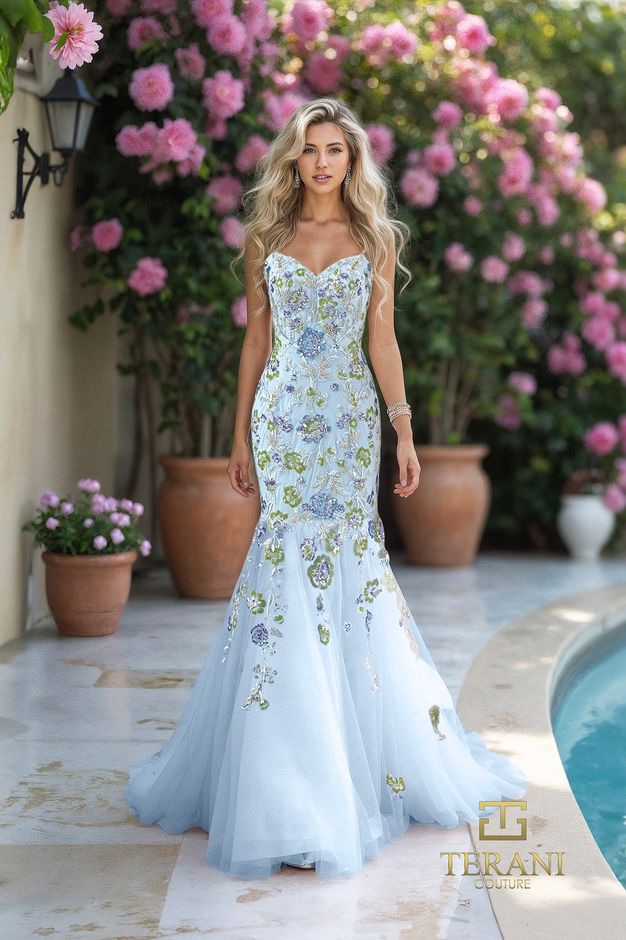 Terani Couture 261P6193 - Strapless Floral Embroidered Mermaid Dress In Blue