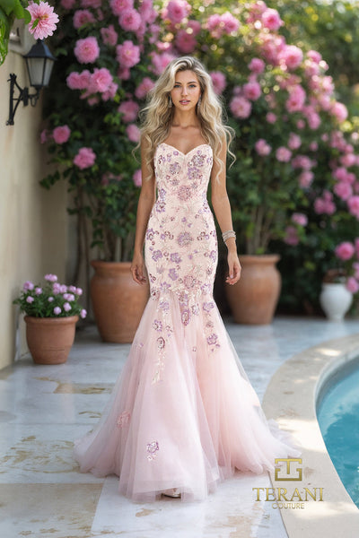 Terani Couture 261P6193 - Strapless Floral Embroidered Mermaid Dress In Pink