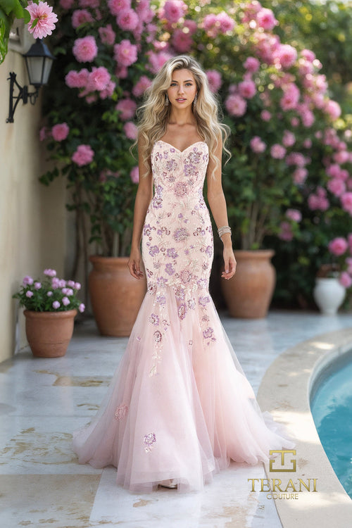 Terani Couture 261P6193 - Strapless Floral Embroidered Mermaid Dress In Pink