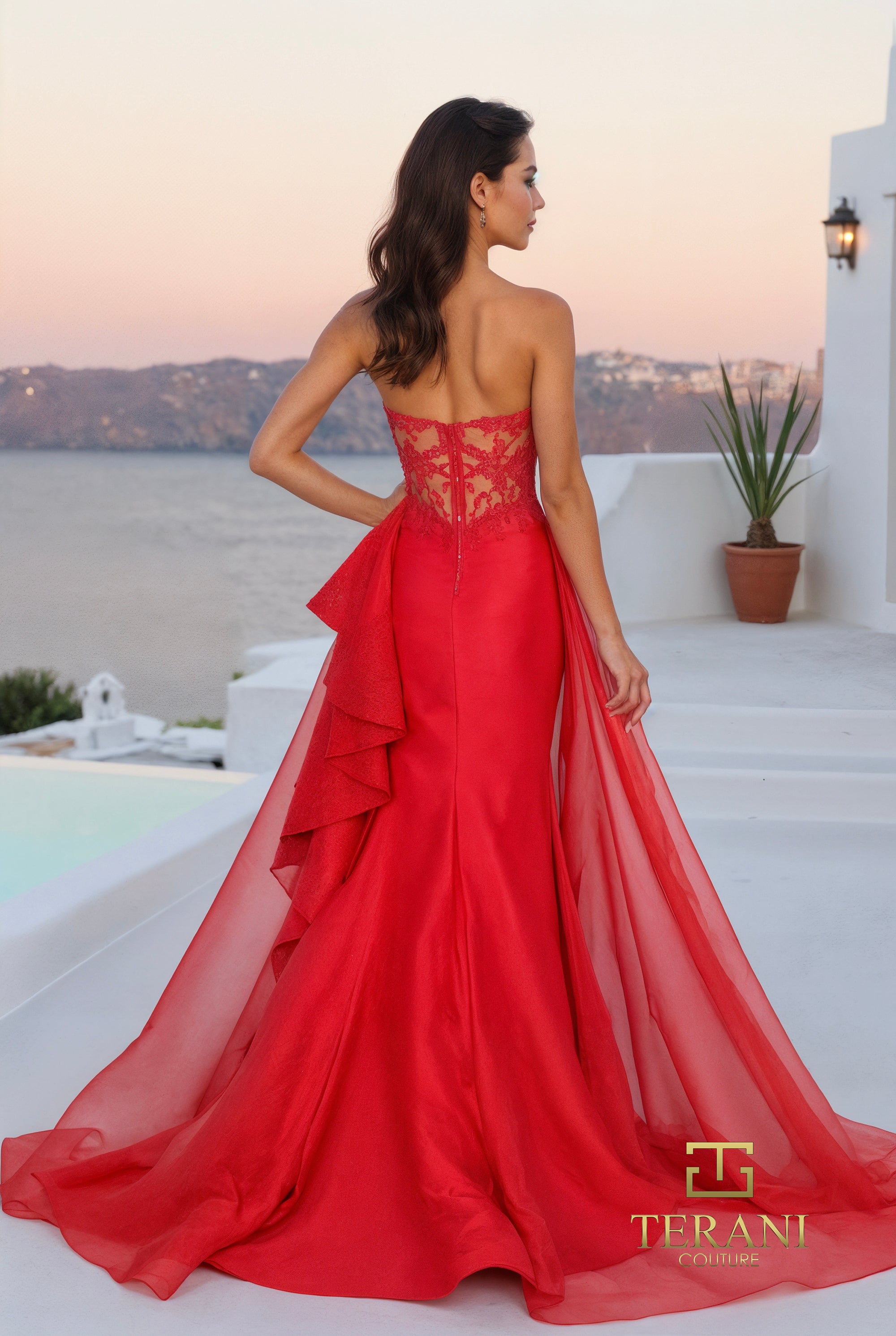 Terani Couture 261P6261 Strapless Sweetheart Sheath Corset Evening Mikado Lace Dress