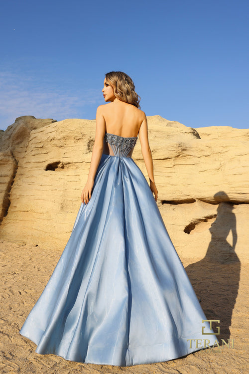 Terani Couture 261P6608 Sophisticated Prom Strapless Beaded Corset Formal Satin Dress