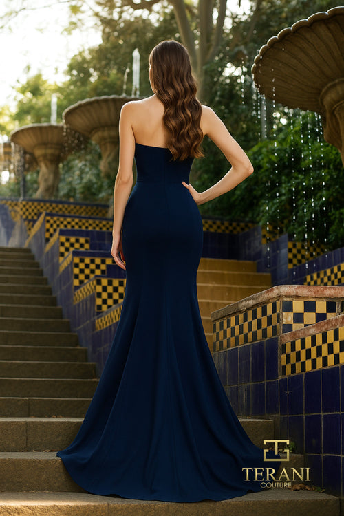 Terani Couture 261P6624 Sweetheart Mermaid Floral Applique Slit Evening Mikado Dress