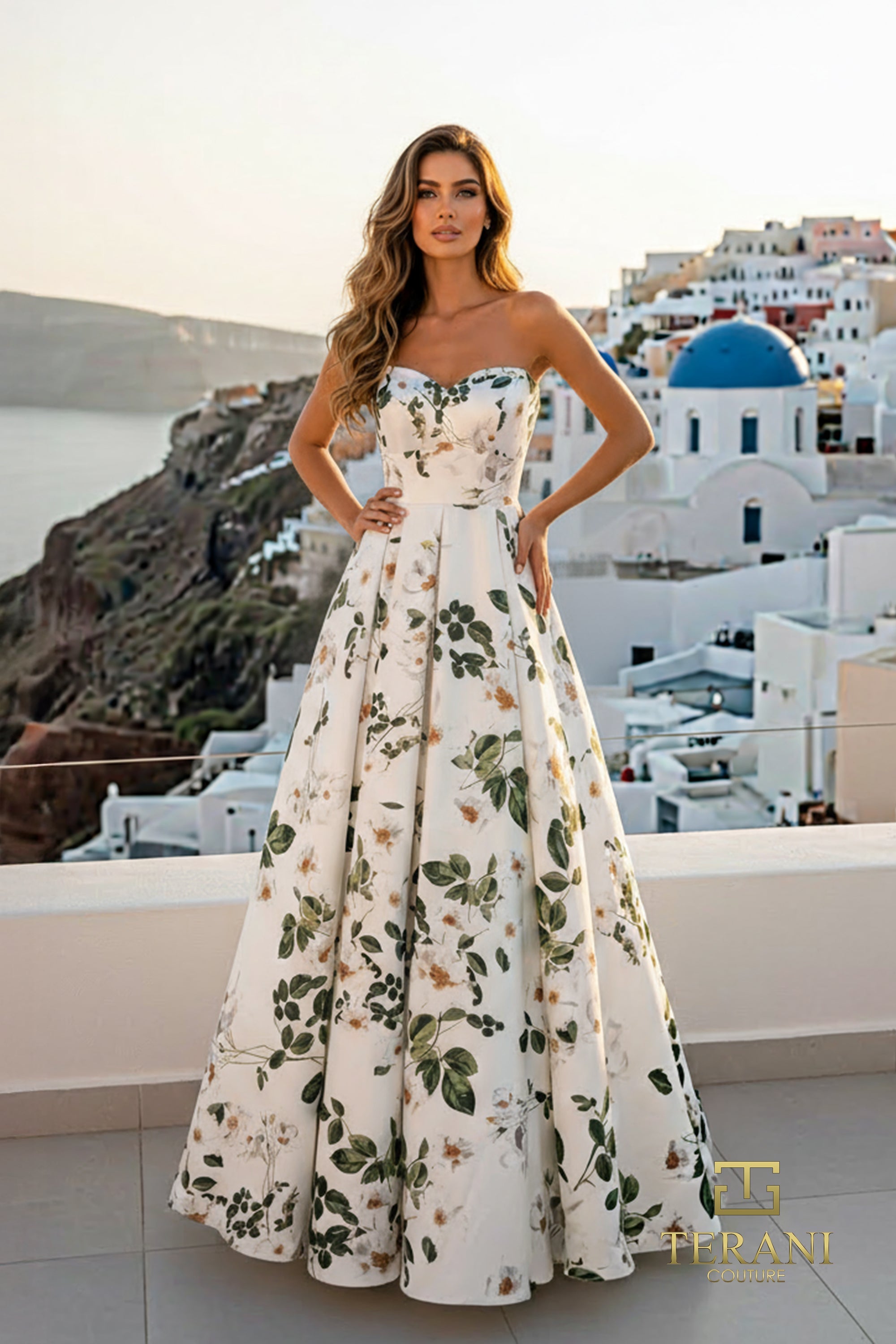 Terani Couture 261P6705 - Box Pleated Skirt Printed Satin Gown In Green and Multi