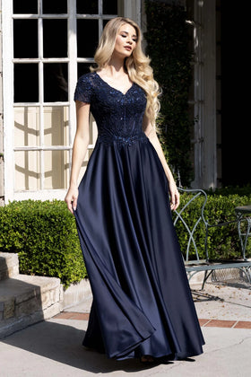 Cap Sleeve Beaded Lace Cap Sleeve A-Line Evening Gown Mother of the Bride Dress by Lenovia 8419