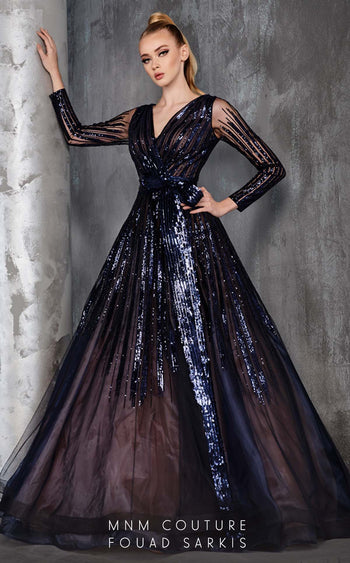 Fouad Sarkis 2621 Blue Sequined Illusion Ball Gown by MNM Couture