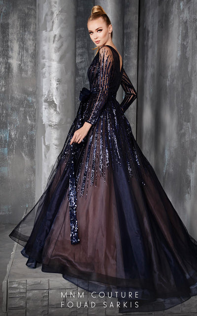 Fouad Sarkis 2621 Blue Sequined Illusion Ball Gown by MNM Couture