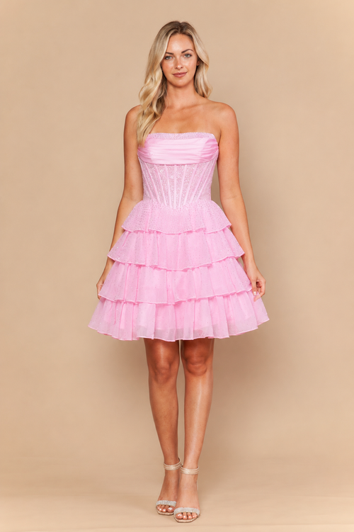 Strapless Corset Homecoming Dress with Tiered Ruffle Skirt and Lace-Up Back by Poly USA 26244