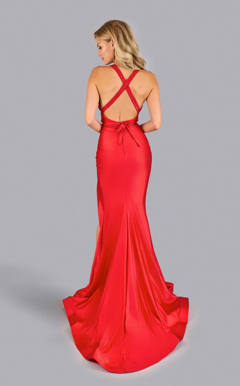 Jessica Angel JA2625 Halter Deep V-Neck Mermaid High Slit Crystal Jersey Dress