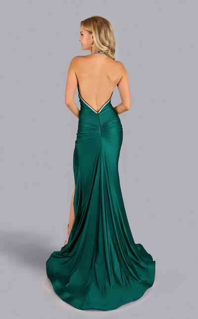 Jessica Angel JA2626 Halter Fitted High Slit Open Back Ruched Jersey Dress