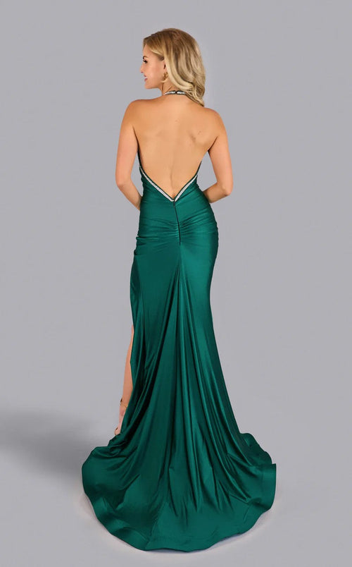 Jessica Angel JA2626 Halter Fitted High Slit Open Back Ruched Jersey Dress