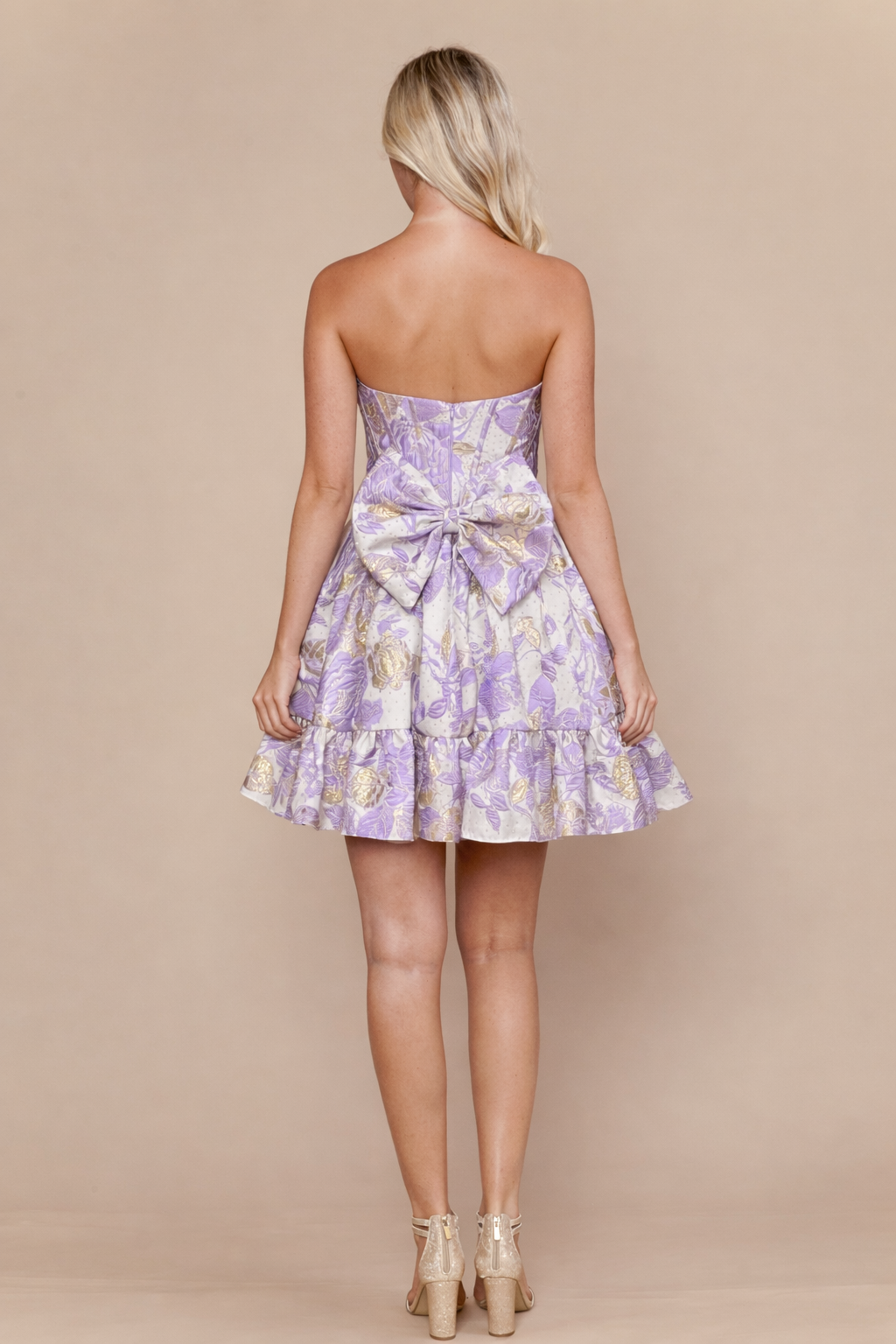 Strapless Jacquard Corset Dress with Back Bow Fit-and-Flare Homecoming Dress by Poly USA 26272