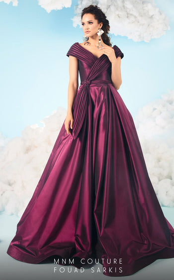 Fouad Sarkis 2631 Pleated Off-Shoulder Burgundy Ball Gown by MNM Couture
