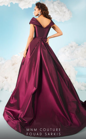 Fouad Sarkis 2631 Pleated Off-Shoulder Burgundy Ball Gown by MNM Couture