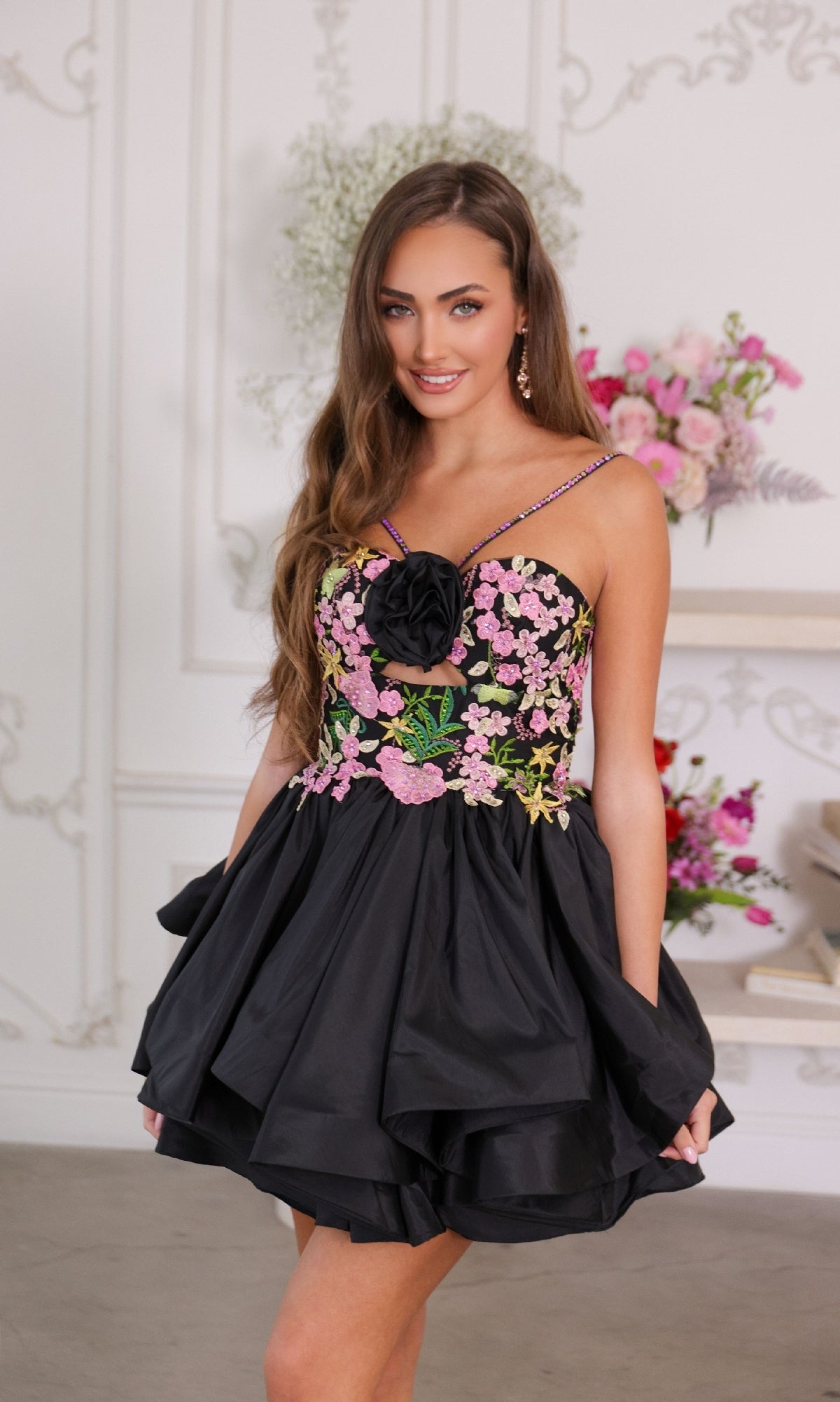 Floral Short A-Line Fitted Back Zipper Homecoming Dress 26348 by Ava Presley Black / 8