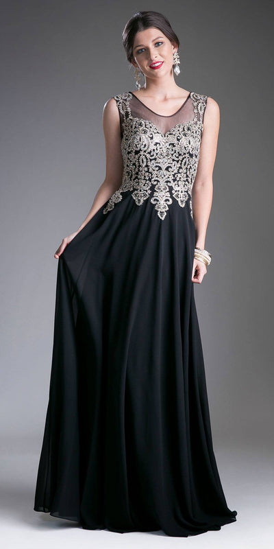 Cinderella Divine 2635 - Jewel Embellished Sheer Back Chiffon Prom Dress Black