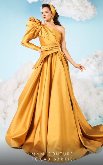 Fouad Sarkis 2636 One-Shoulder Puff Sleeve Ball Gown in Mustard