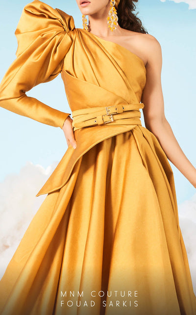 Fouad Sarkis 2636 One-Shoulder Puff Sleeve Ball Gown in Mustard