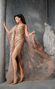 Fouad Sarkis 2638 Gold Embellished Cape Sleeve Couture Gown