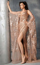 Fouad Sarkis 2638 Gold Embellished Cape Sleeve Couture Gown