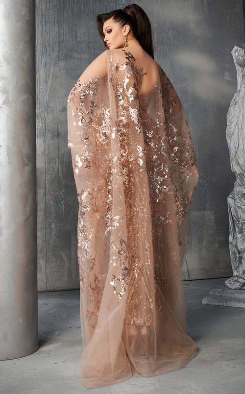 Fouad Sarkis 2638 Gold Embellished Cape Sleeve Couture Gown