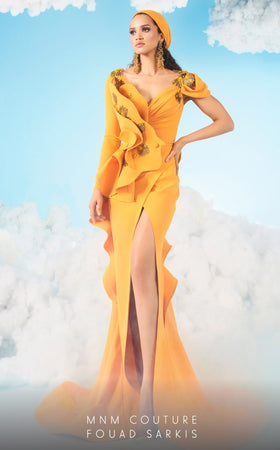 Fouad Sarkis 2646 One-Sleeve Mustard Slit Gown by MNM Couture