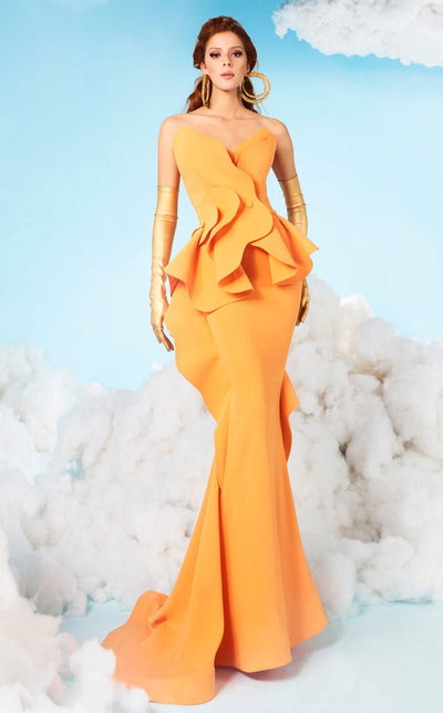 Fouad Sarkis 2647 Mustard Strapless Sculpted Ruffle Gown by MNM Couture