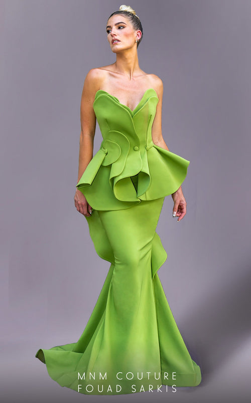 Fouad Sarkis 2647 Mustard Strapless Sculpted Ruffle Gown by MNM Couture