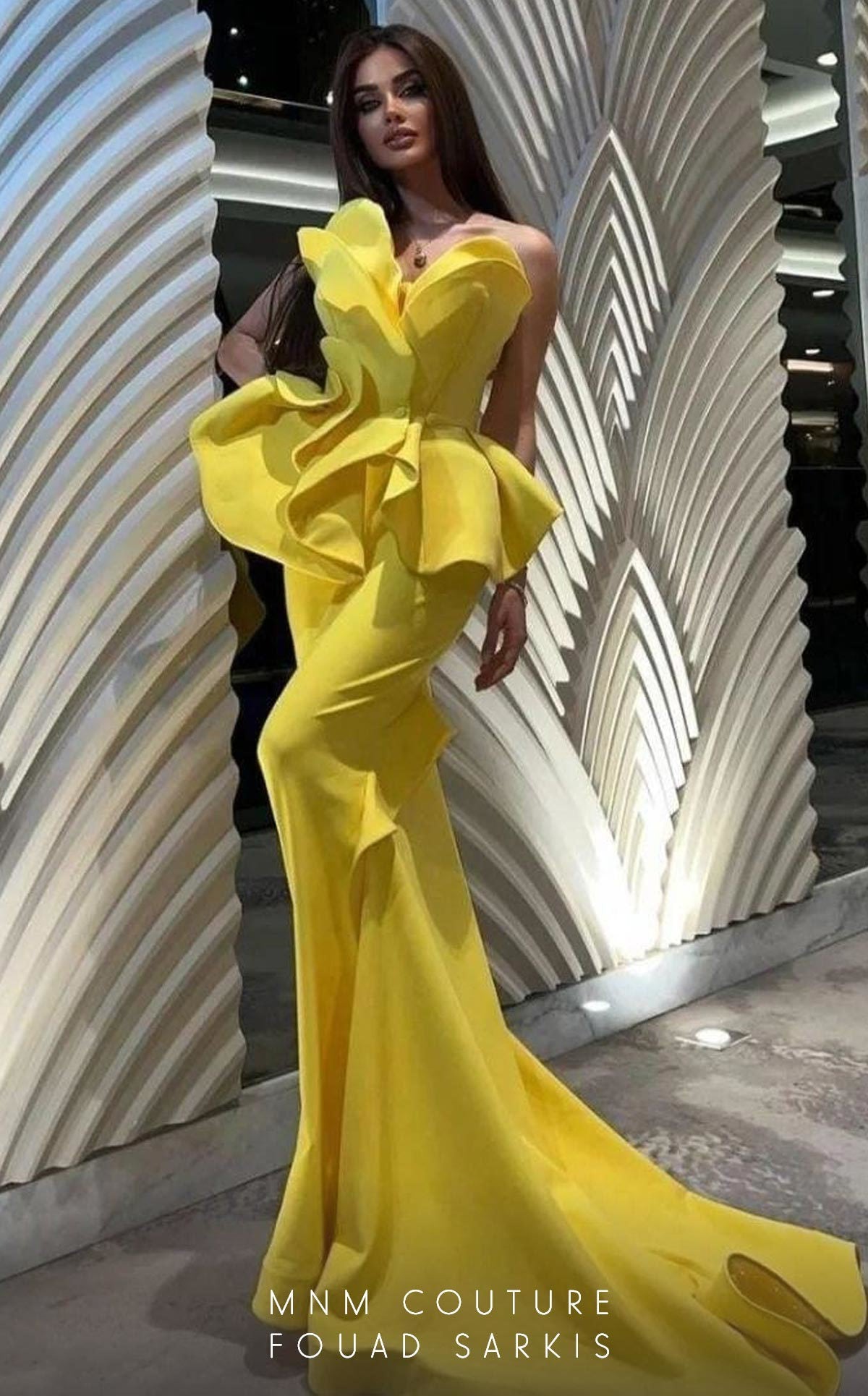 Fouad Sarkis 2647 Mustard Strapless Sculpted Ruffle Gown by MNM Couture