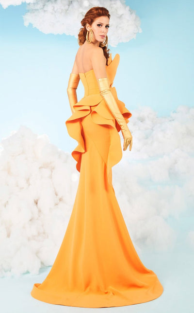 Fouad Sarkis 2647 Mustard Strapless Sculpted Ruffle Gown by MNM Couture