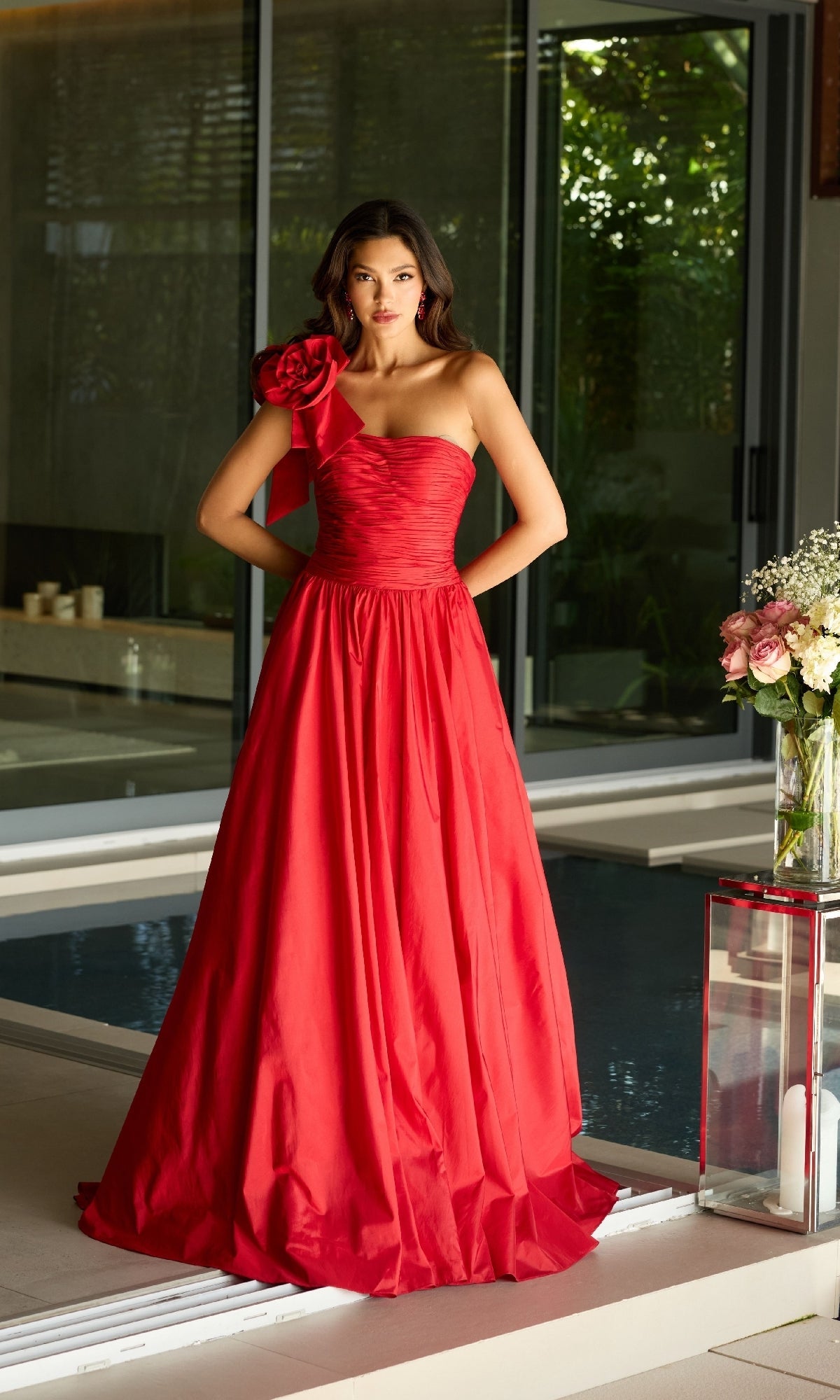 Ava Presley 26524 Floral Long A-Line One-Shoulder Back Zipper Ruched Prom Dress