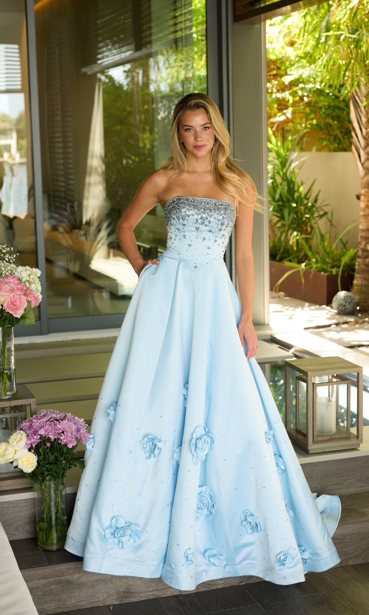Ava Presley 26532 Floral Long A-Line Strapless Appliqué Beaded Back Zipper Satin Dress