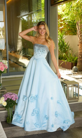 Ava Presley 26532 Floral Long A-Line Strapless Appliqué Beaded Back Zipper Satin Dress