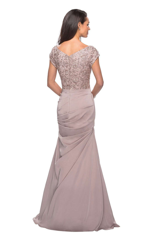 La Femme 26806C Jersey Embroidered Ruched V Neck Formal Dress